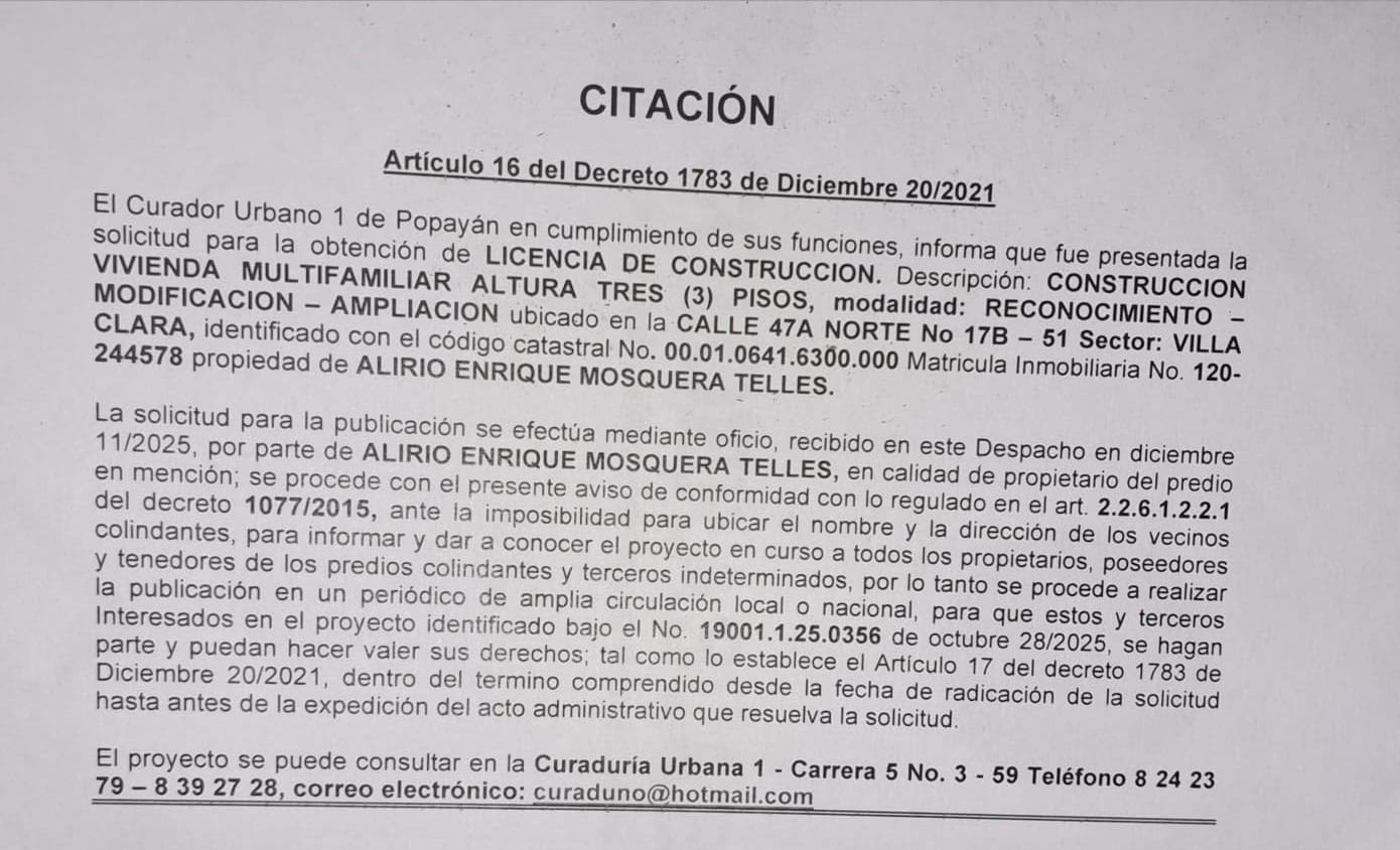 Solicitud de licencia urbanística de construcción para el predio localizado en la Carrera 47A Norte Nro 17b-51 sector Villa Clara, propiedad de Alirio Enrique Mosquera Telles