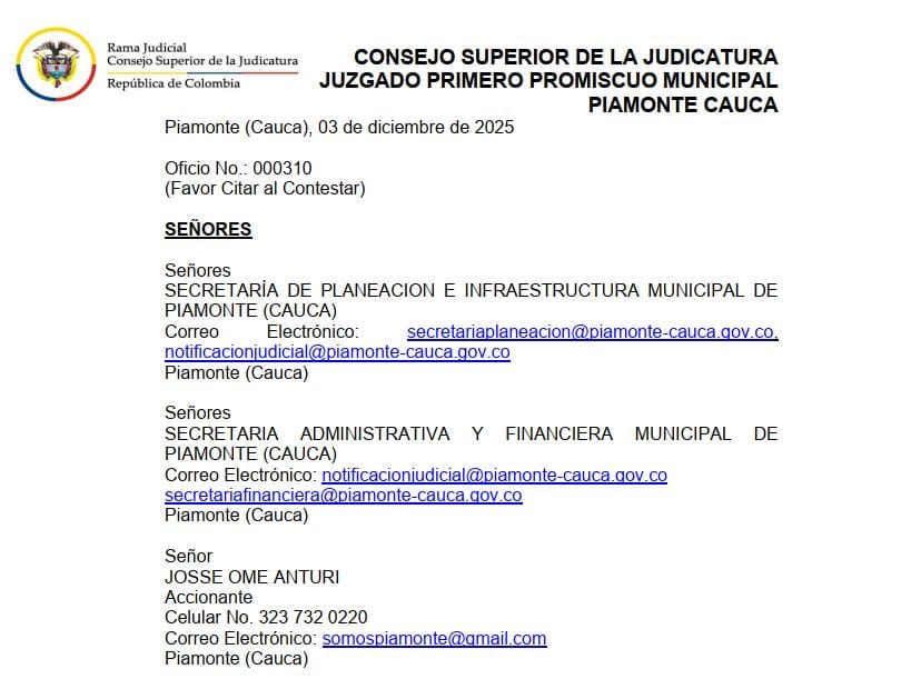 Ordenan arresto y multa contra dos secretarias de despacho en Piamonte por desacato a fallo de tutela