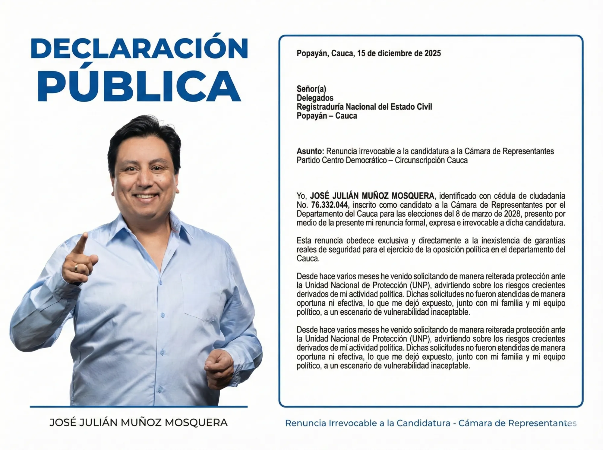 José Julián Muñoz renuncia a su candidatura a la Cámara por falta de garantías de seguridad en el Cauca