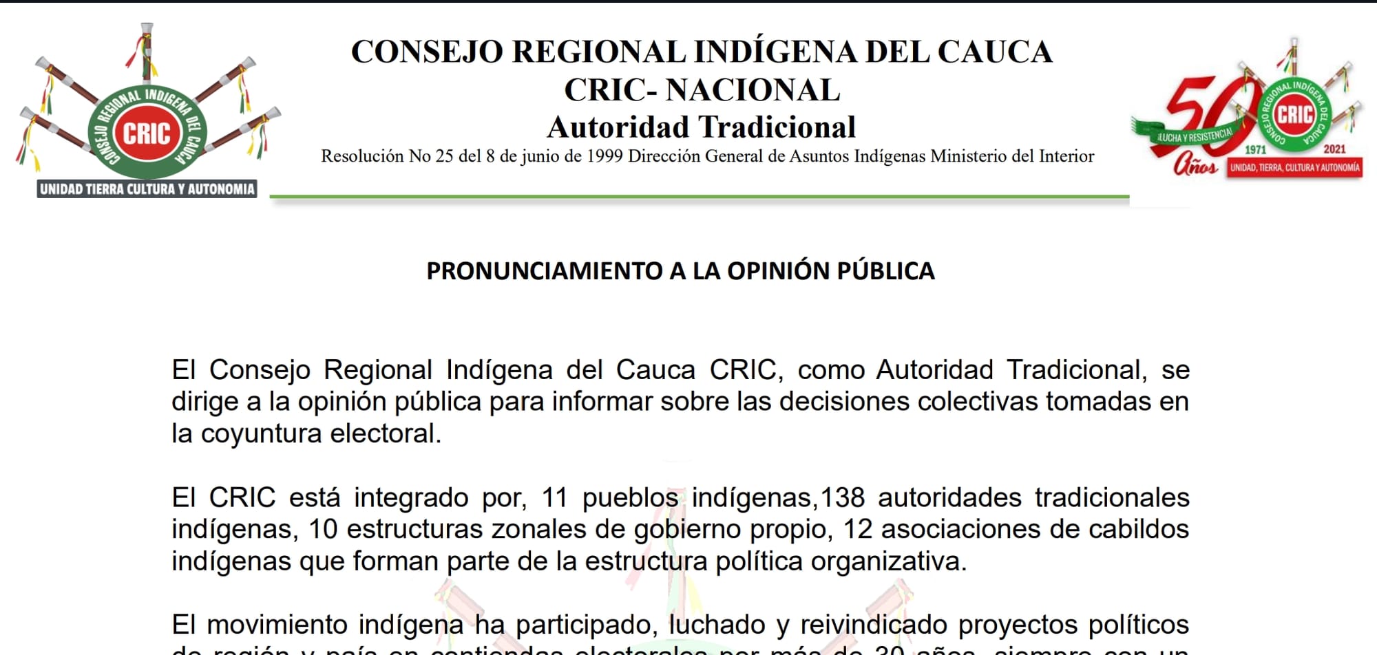 El CRIC retira candidatura a la Cámara por el Pacto Histórico denunciando exclusión y sectarismo
