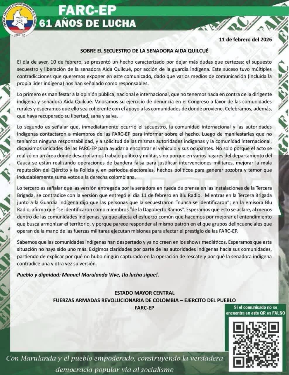 FARC-EP desmiente autoría en el secuestro de la senadora Aida Quilcué y denuncia "montaje" en el Cauca