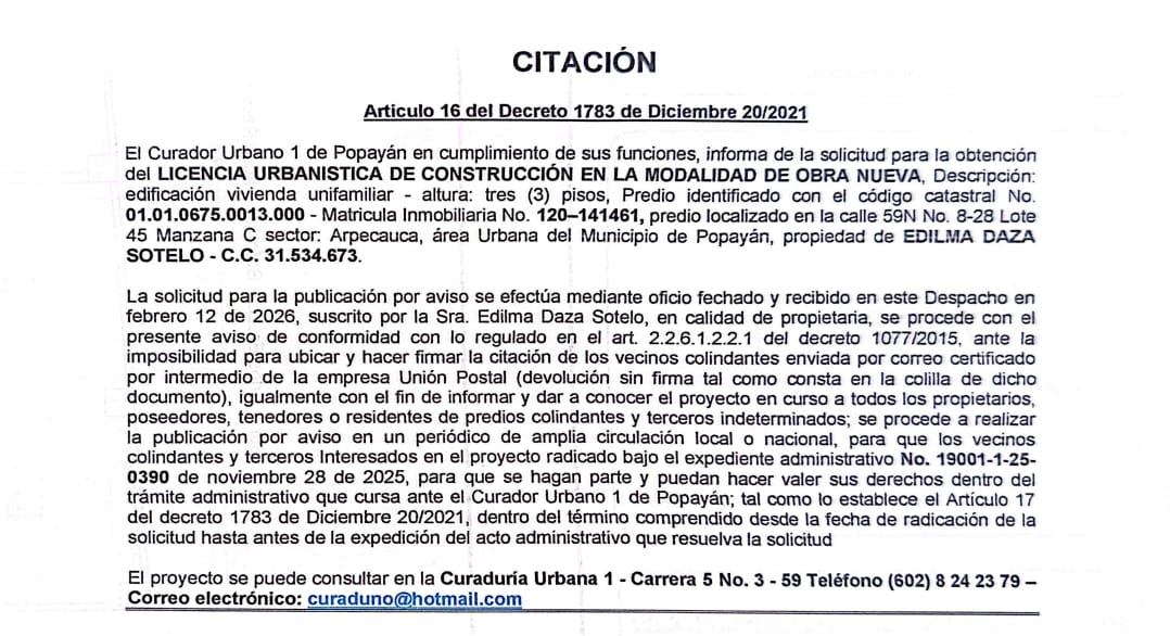 Solicitud de licencia urbanística de construcción en la modalidad de obra nueva para el predio localizado en la calle 59N No. 8-28 Lote 45 Manzana C sector Arpecauca, propiedad de Edilma Daza Sotelo.