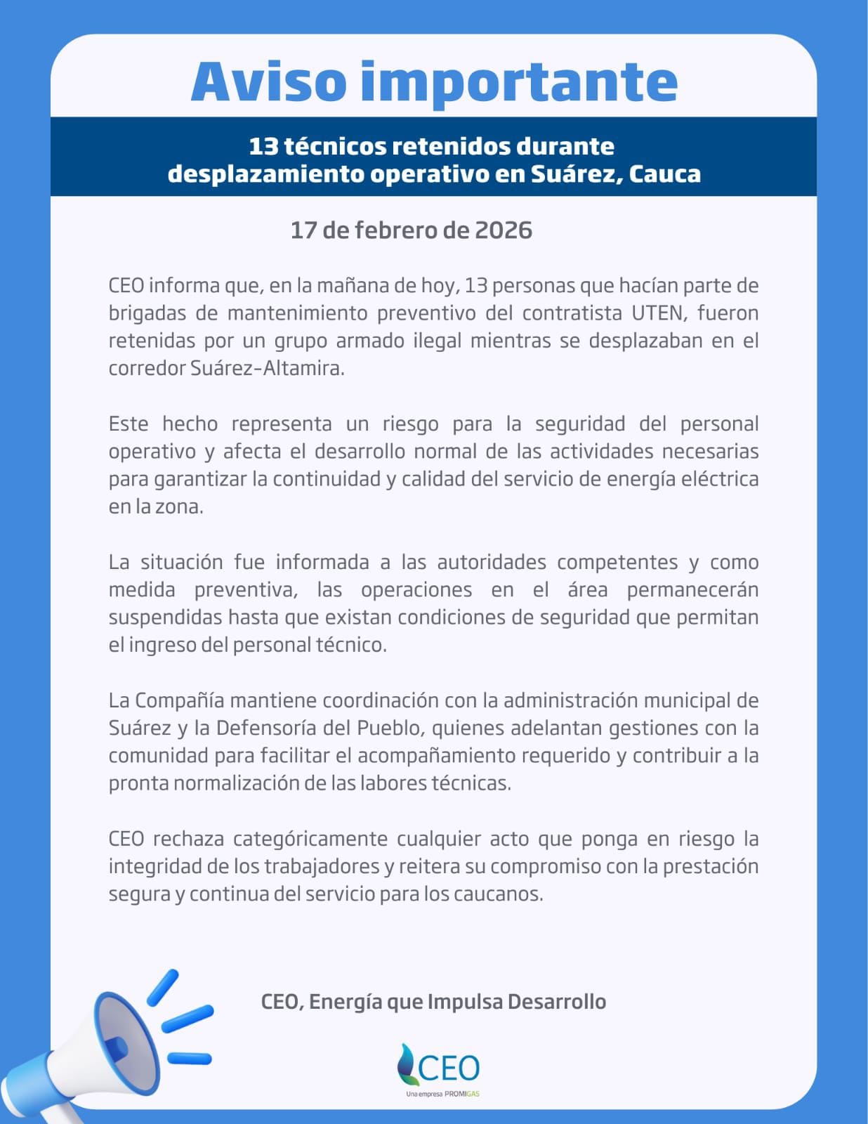 Grupo armado retiene a 13 operarios de la Compañía Energética de Occidente en Suárez, Cauca