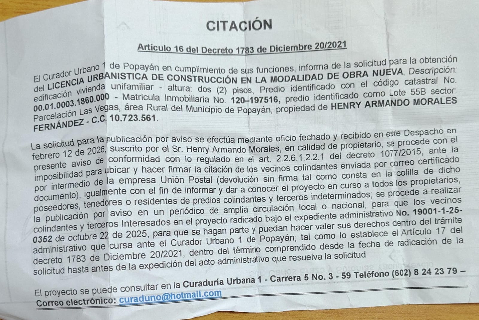 Solicitud de licencia urbanística de construcción en la modalidad de obra nueva para el predio localizado en el Lote 55B sector Parcelación Las Vegas (área rural), propiedad de Henry Armando Morales Fernández.
