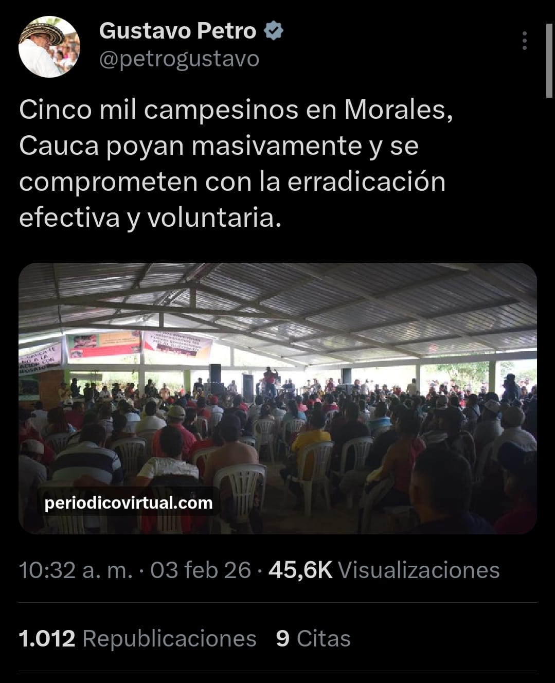 Presidente Petro destaca masiva voluntad de sustitución de cultivos en Morales, Cauca, tras reporte de PeriódicoVirtual.com