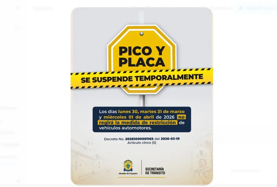 Popayán suspende el Pico y Placa durante el inicio de la Semana Santa 2026