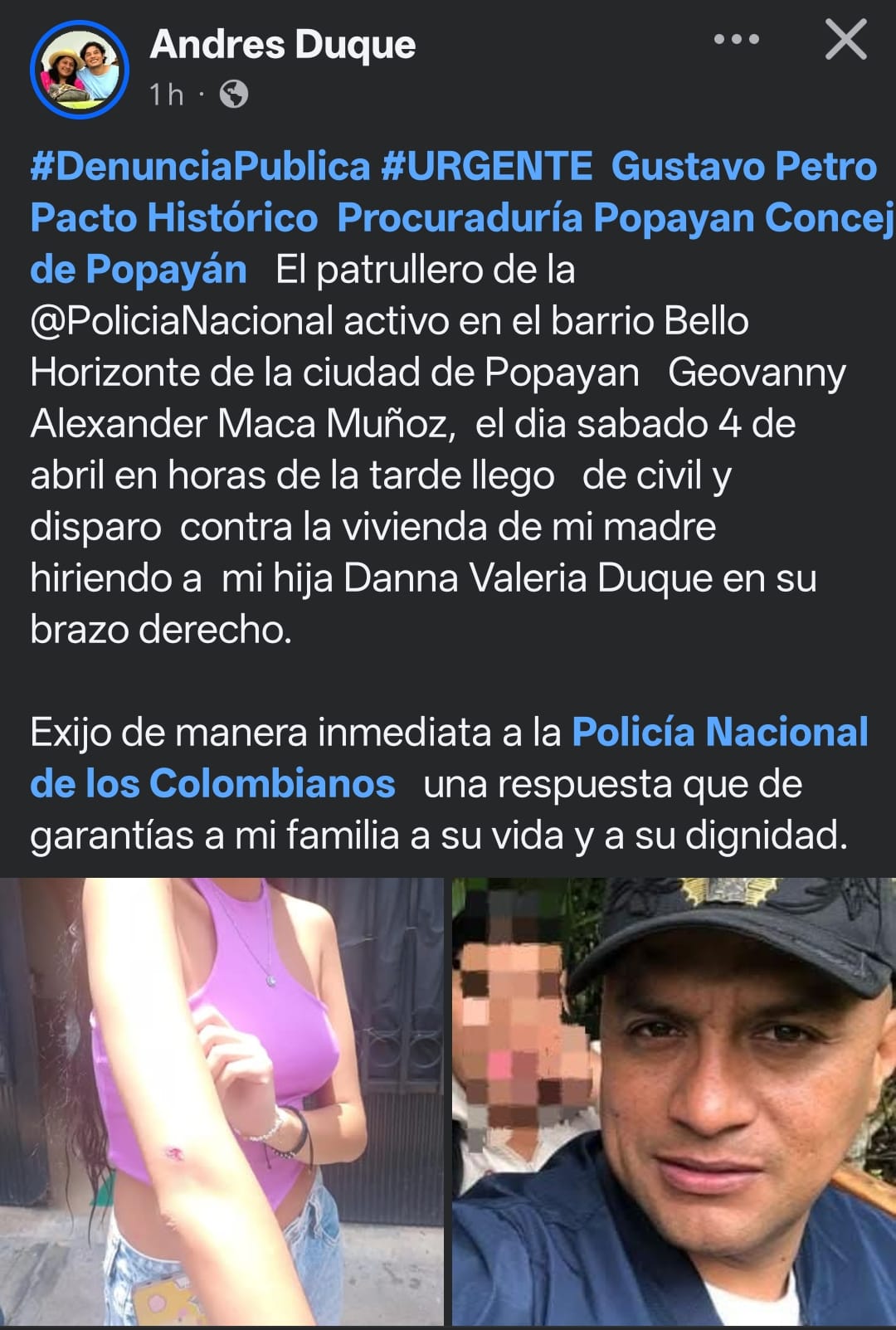 Concejal Andrés Duque denuncia atentado de un patrullero de la Policía contra su familia en Popayán