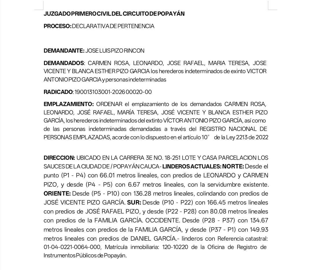 Juzgado de Popayán ordena emplazamiento por proceso de pertenencia en la Parcelación Los Sauces