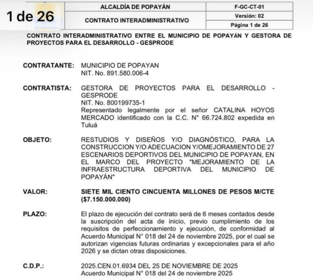 Polémica en Popayán: Alcalde habría firmado contrato por $7.150 millones violando los topes del Concejo