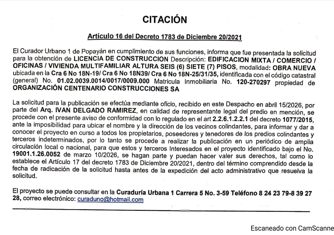CITACIÓN: Solicitud de Licencia de Construcción - Proyecto No. 19001.1.26.0052