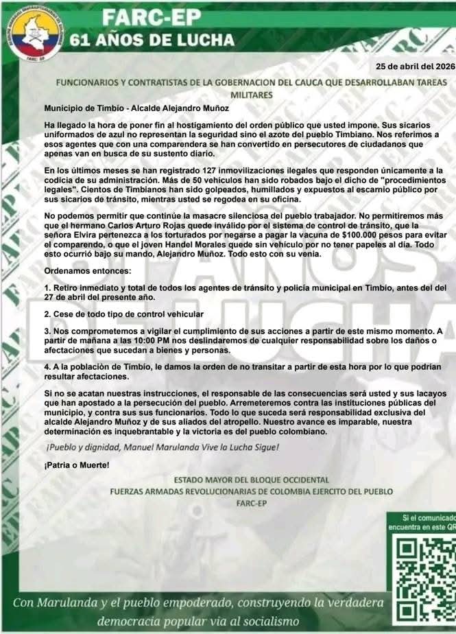 Timbío bajo amenaza: FARC-EP exige retiro de tránsito y policía en 48 horas
