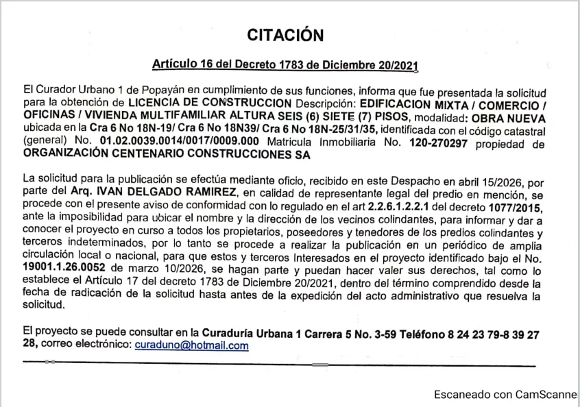Solicitud de licencia urbanística de construcción en la modalidad de OBRA NUEVA para el predio localizado en la Cra 6 No 18N-19/ Cra 6 No 18N39/ Cra 6 No 18N-25/31/35 , propiedad de ORGANIZACIÓN CENTENARIO CONSTRUCCIONES SA.