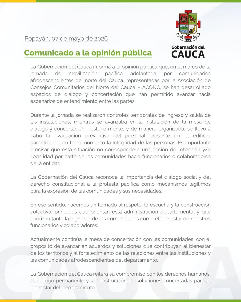 Gobernación del Cauca aclara evacuación preventiva y ratifica mesa de diálogo con comunidades afrodescendientes