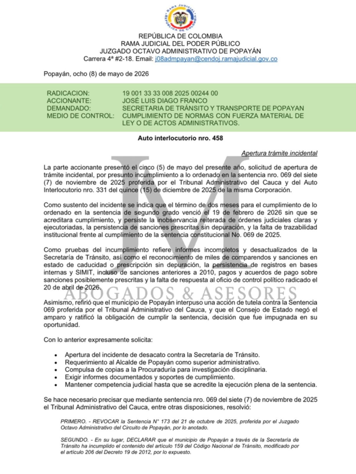 Juez abre incidente de desacato contra la Secretaría de Tránsito de Popayán por no prescribir multas antiguas