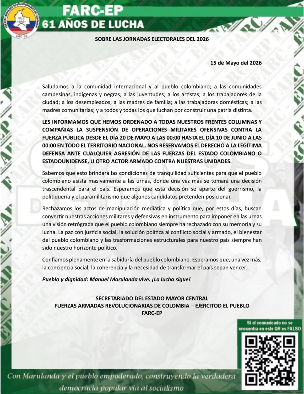 FARC-EP (EMC) anuncia suspensión de operaciones militares ofensivas por jornadas electorales de 2026