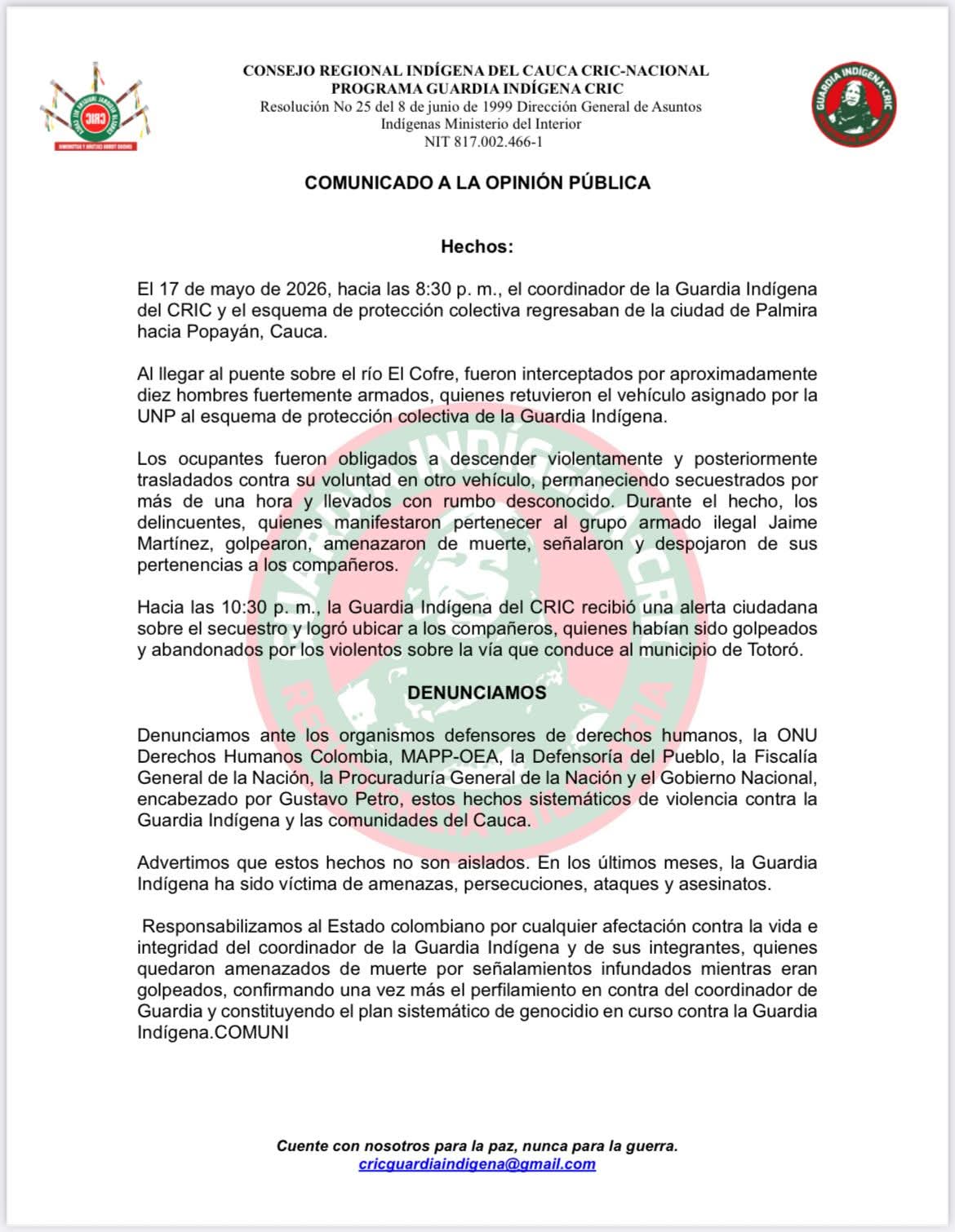 Hombres armados secuestran y atacan a coordinador de la Guardia Indígena del CRIC en el Cauca