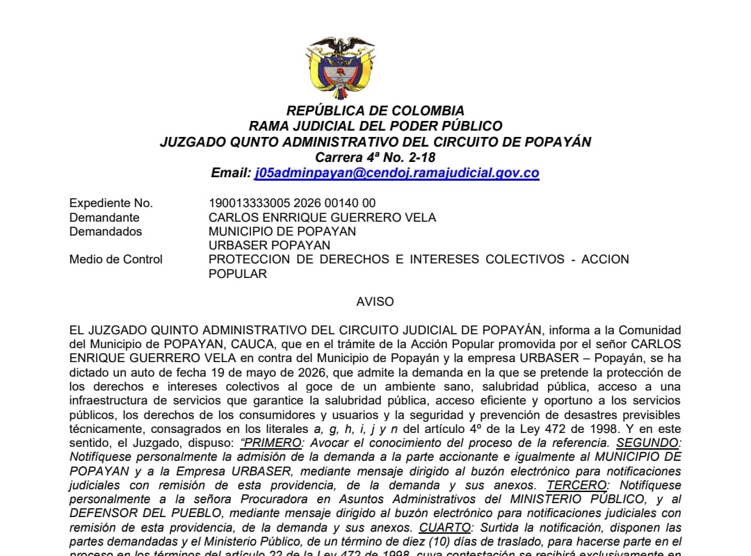Juzgado admite Acción Popular contra el Municipio de Popayán y la empresa Urbaser