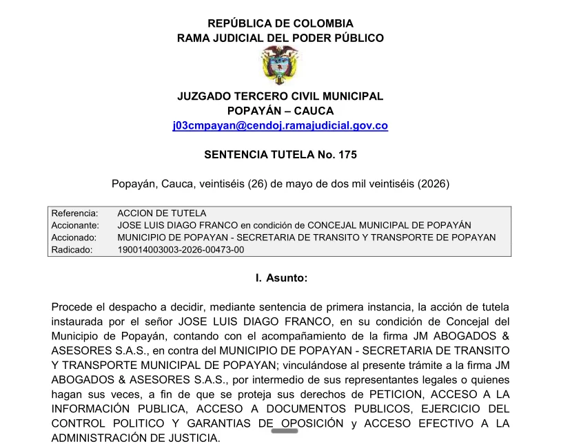 Justicia ordena a Tránsito de Popayán entregar datos clave sobre fotomultas y prescripciones