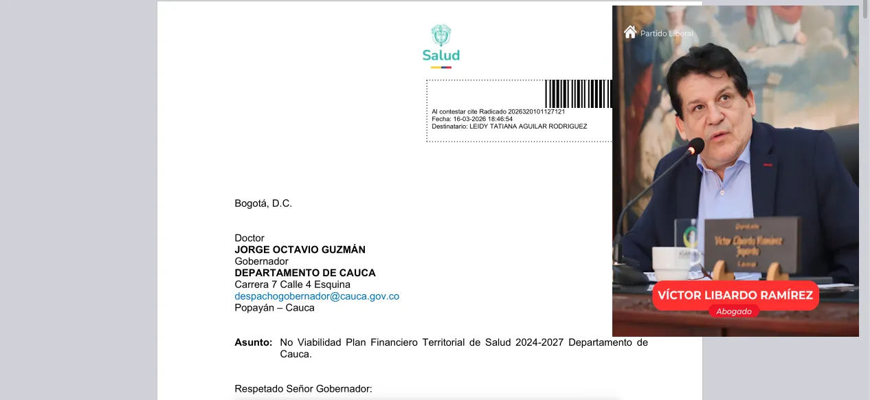 Cuentas "en el aire": El Ministerio de Salud tumba el plan financiero del Cauca por desorden contable y falta de soportes