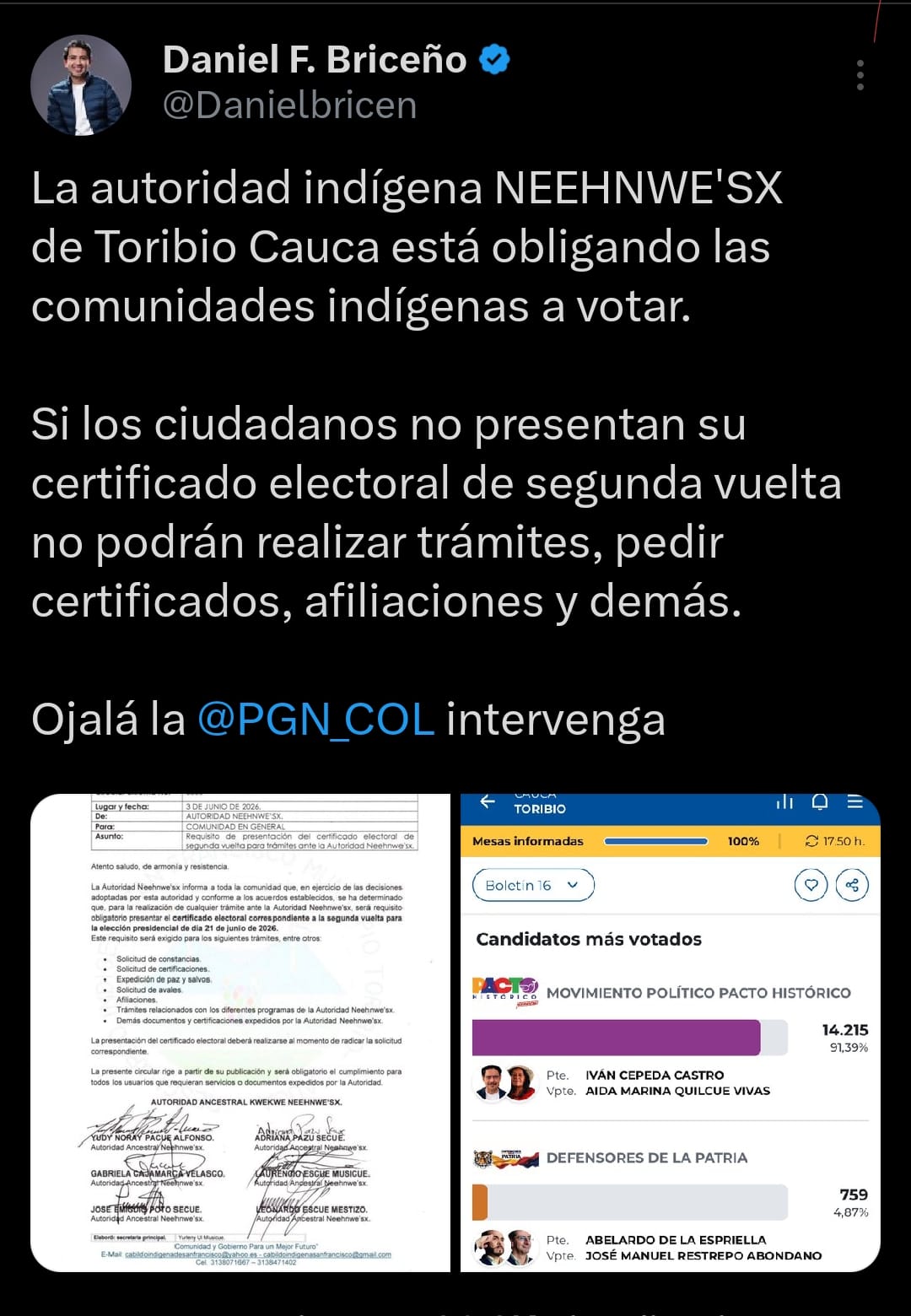 Denuncian presuntas presiones a comunidades indígenas en Toribío de cara a la segunda vuelta presidencial