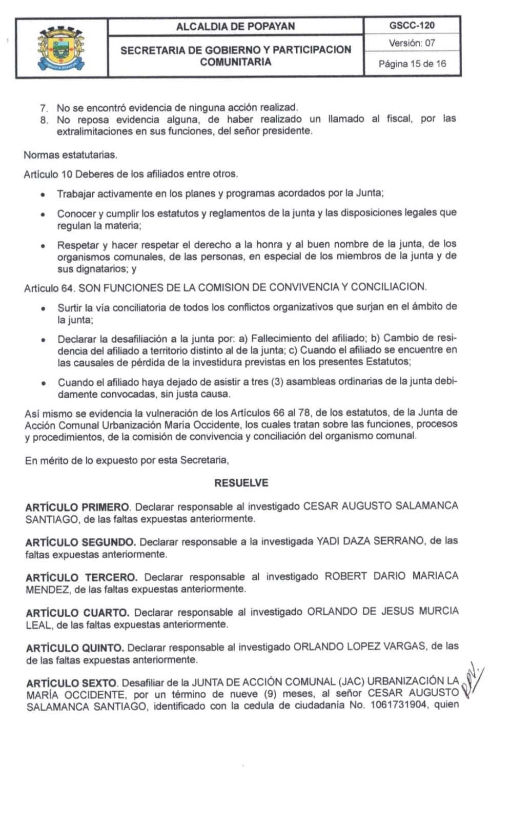 Alcaldía de Popayán suspende a dignatarios de la JAC La María Occidente por graves irregularidades administrativas
