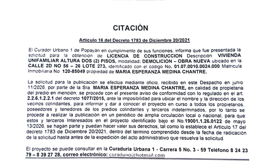Solicitud de licencia urbanística de construcción en la modalidad de DEMOLICION – OBRA NUEVA para el predio localizado en la CALLE 2D NO 56 – 26 LOTE 273, propiedad de MARIA ESPERANZA MEDINA CHANTRE.