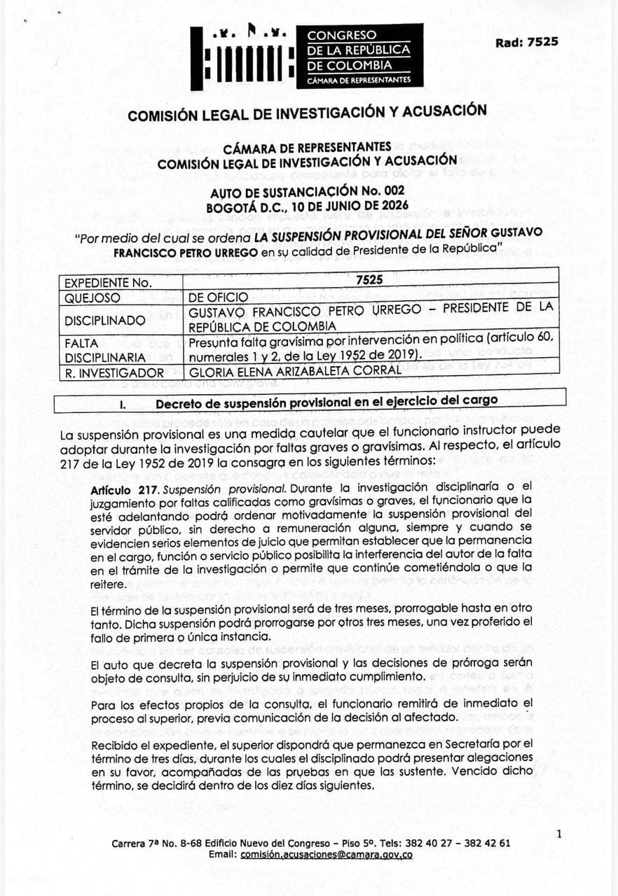 Comisión de Acusación ordena suspender a Gustavo Petro, pero carece de competencia constitucional