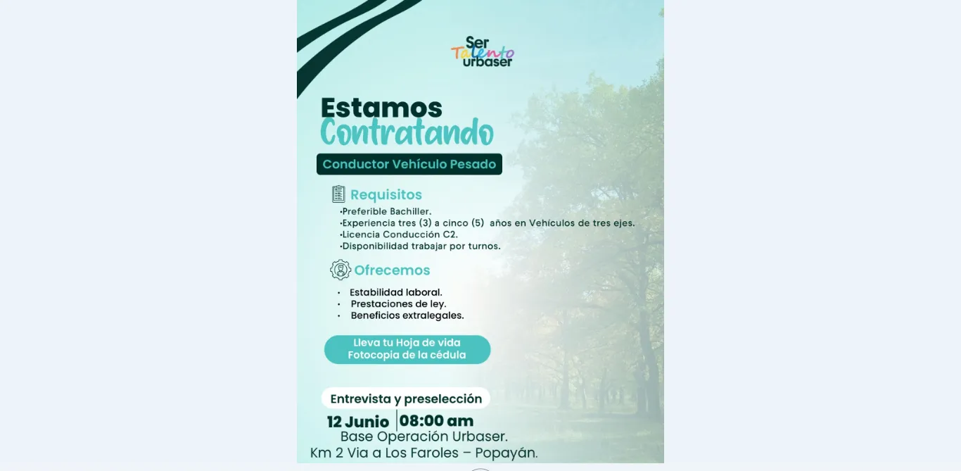 ATENCIÓN: Urbaser modifica fecha de convocatoria laboral para conductores en Popayán