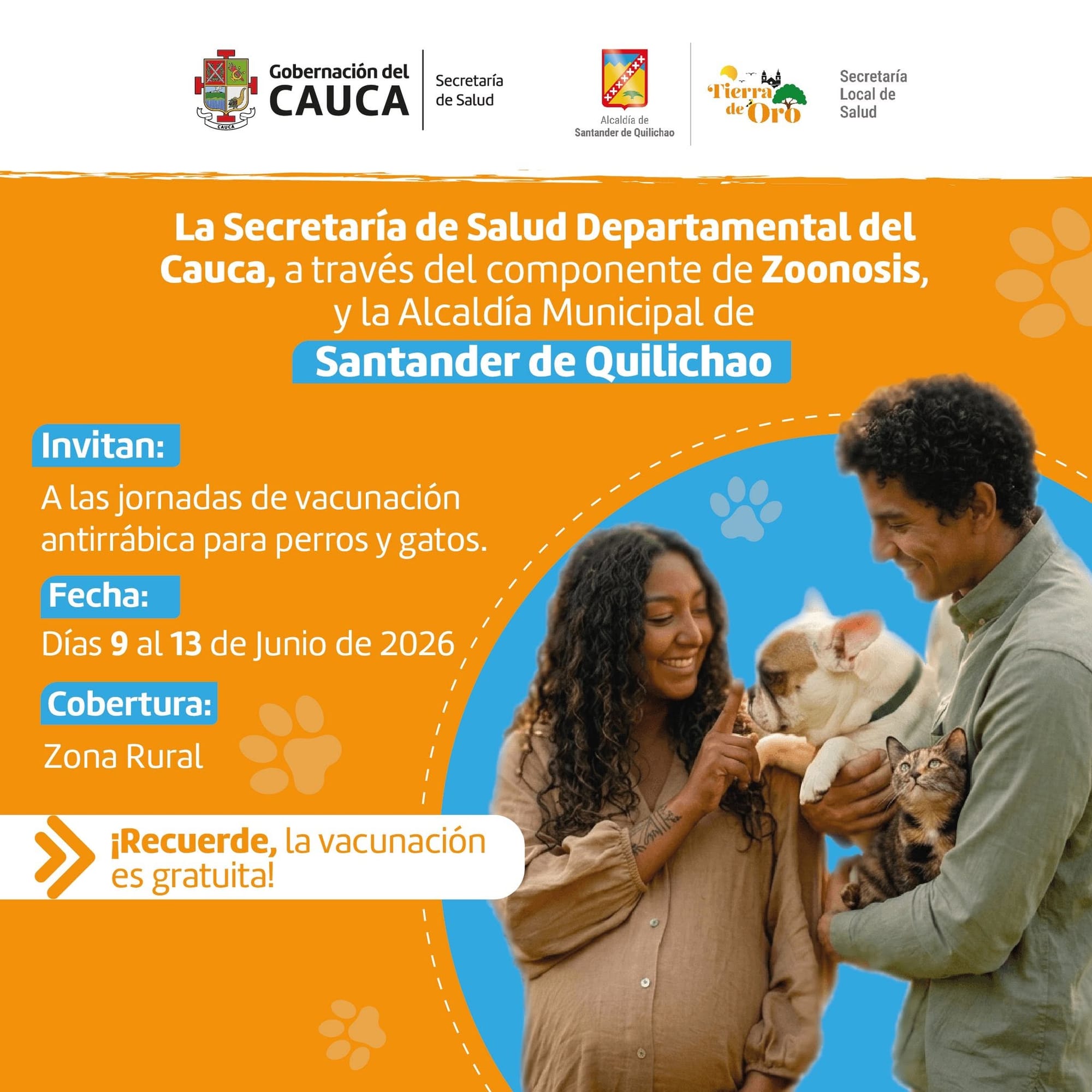 Santander de Quilichao realizará jornada gratuita de vacunación antirrábica para perros y gatos en zonas rurales