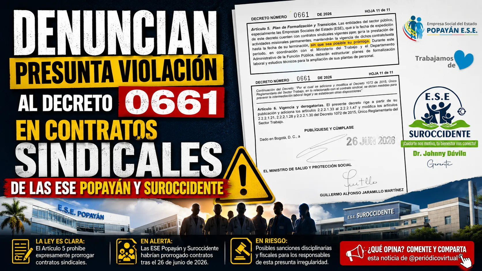 Denuncian presunta violación al Decreto 0661 en contratos sindicales de las ESE Popayán y Suroccidente