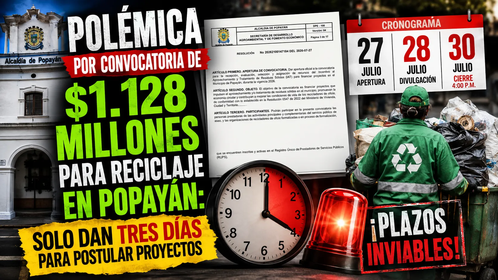 Polémica por convocatoria de $1.128 millones para reciclaje en Popayán: solo dan tres días para postular proyectos
