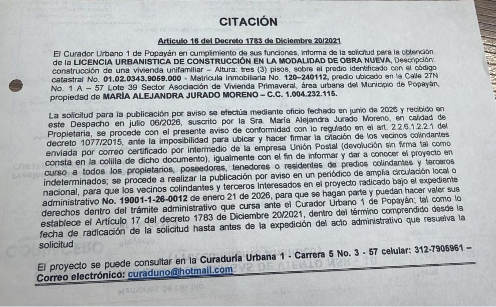Solicitud de licencia urbanística de construcción en la modalidad de OBRA NUEVA para el predio localizado en la Calle 27N No. 1 A - 57 Lote 39 Sector Asociación de Vivienda Primaveral, propiedad de MARÍA ALEJANDRA JURADO MORENO.