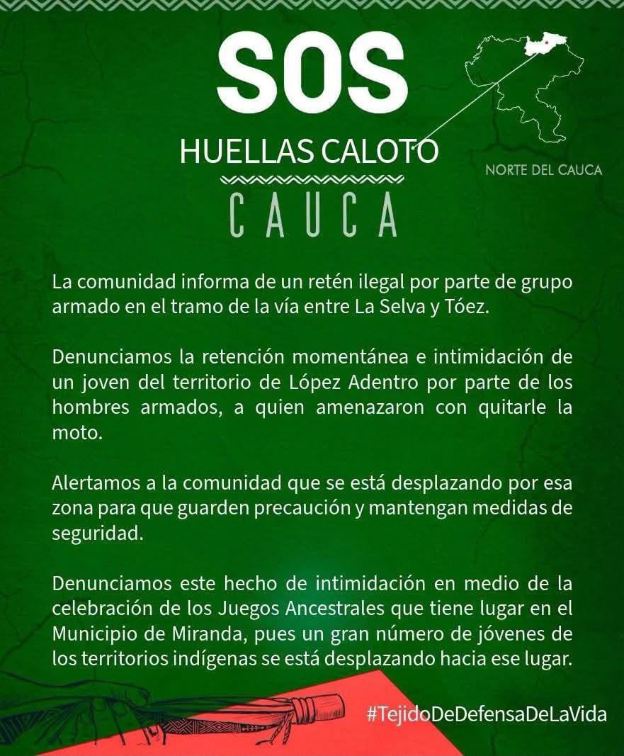 Indígenas del norte del Cauca denuncian retén ilegal en zona rural de Caloto