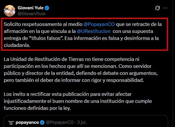 "Esa información es falsa": Giovani Yule pide rectificar publicación que involucra a la Unidad de Restitución de Tierras