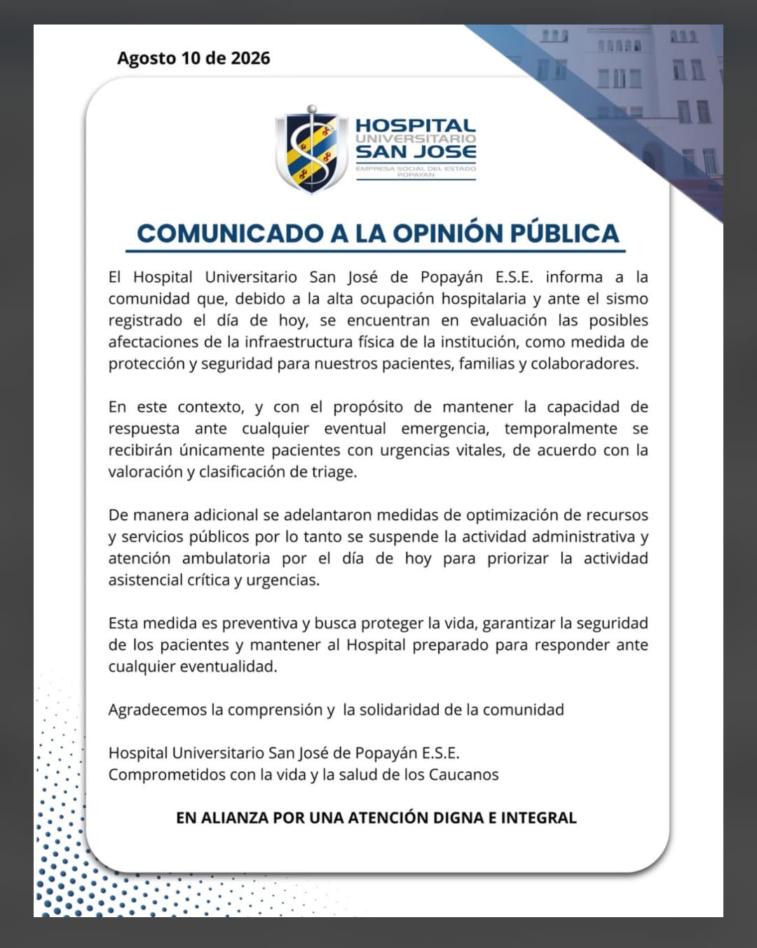 Hospital San José de Popayán restringe atención a urgencias vitales tras fuerte sismo