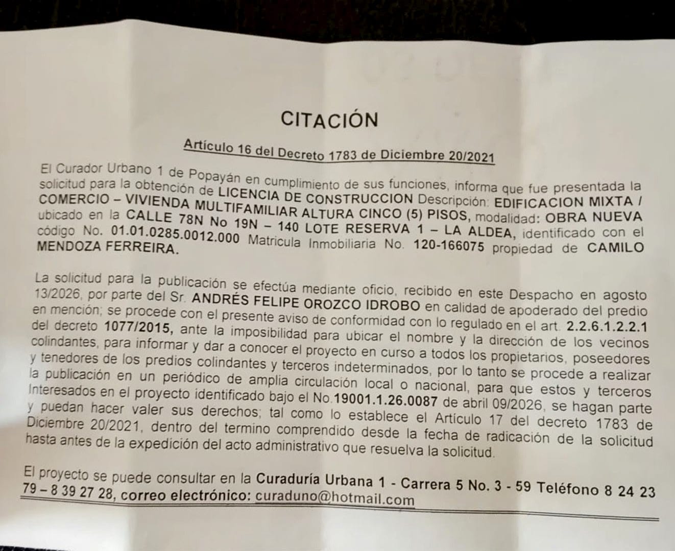 Solicitud de licencia urbanística de construcción en la modalidad de obra nueva para el predio localizado en la calle 78N No. 19N - 140 lote Reserva 1 – La Aldea, propiedad de Camilo Mendoza Ferreira.
