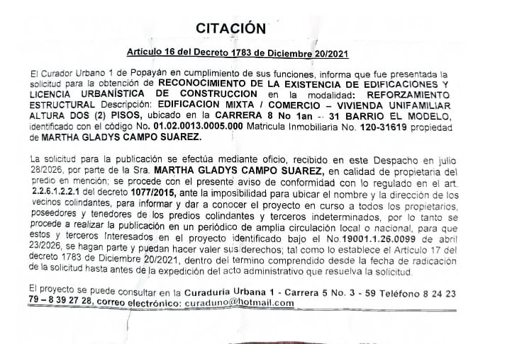 Solicitud de licencia urbanística de construcción en la modalidad de reforzamiento estructural para el predio localizado en la carrera 8 No. 1AN - 31 barrio El Modelo, propiedad de Martha Gladys Campo Suarez.