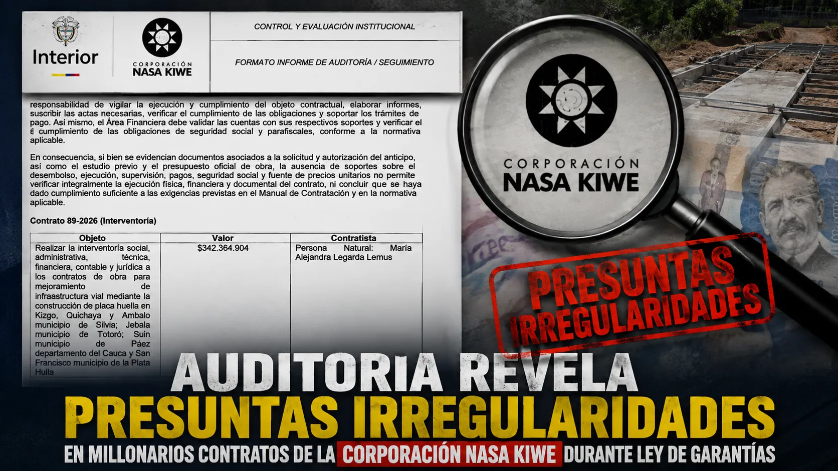 Auditoría revela presuntas irregularidades en millonarios contratos de la Corporación Nasa Kiwe durante Ley de Garantías