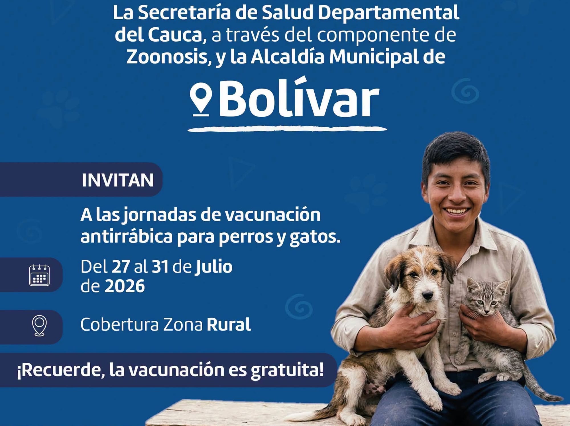 Secretaría de Salud del Cauca realizará jornadas gratuitas de vacunación antirrábica para perros y gatos en Bolívar