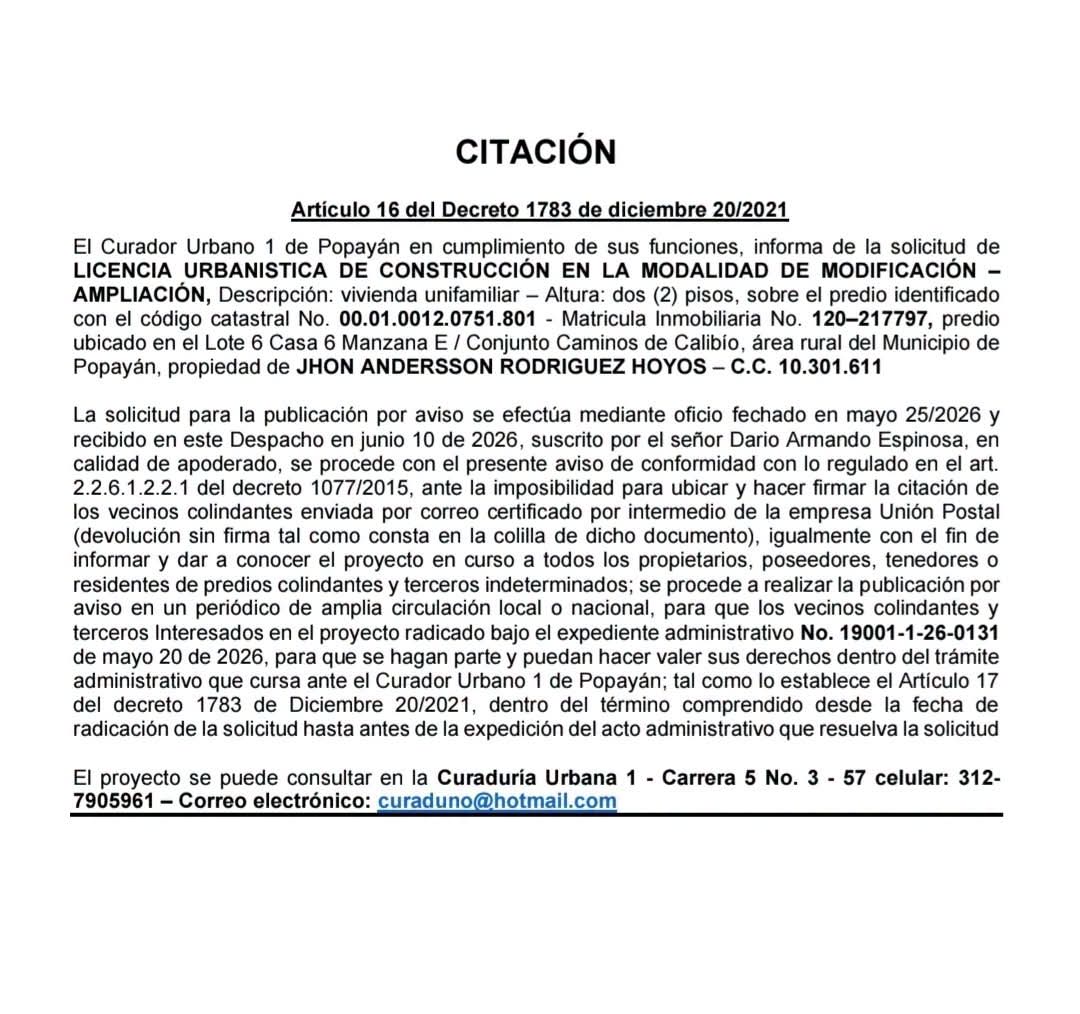 Curaduría Urbana 1 de Popayán informa sobre trámite de ampliación de vivienda en Caminos de Calibío