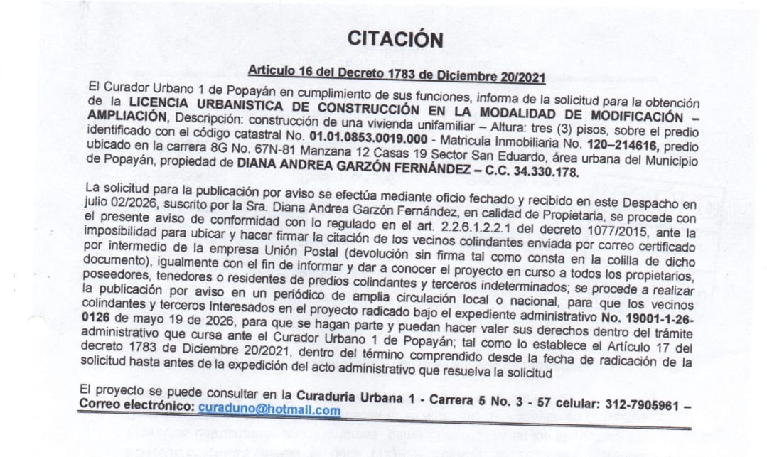 Solicitud de licencia urbanística de construcción para el predio localizado en la carrera 8G No. 67N-81 manzana 12 casas 19 sector San Eduardo, propiedad de Diana Andrea Garzón Fernández.