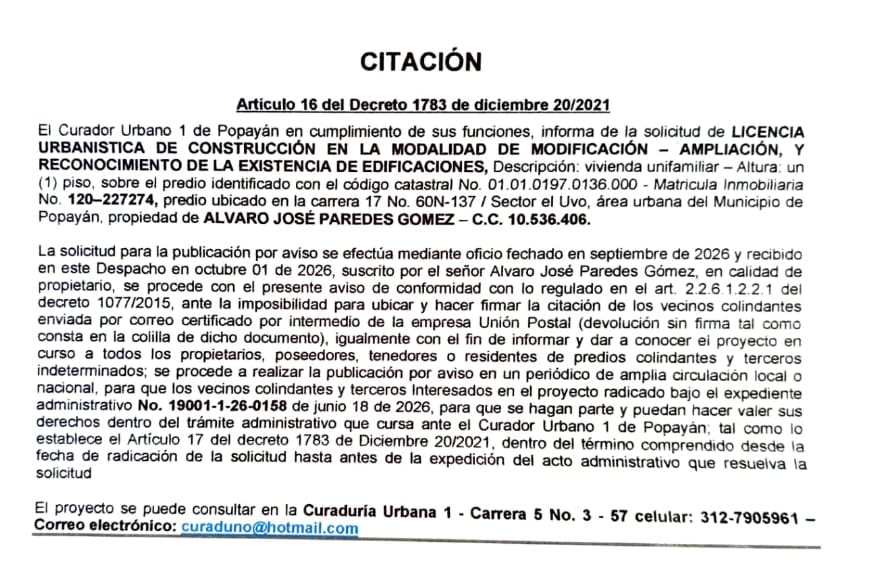 Solicitud de licencia urbanística de construcción  para el predio localizado en la carrera 17 No. 60N-137 / sector El Uvo, propiedad de Alvaro José Paredes Gómez.