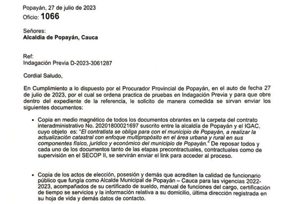 Procuraduría General de la Nación Inicia Indagación Preliminar sobre Contrato Interadministrativo entre la Administración del Municipio de Popayán y el IGAC