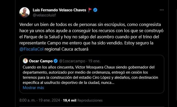 ¡ESCÁNDALO EN POPAYÁN! Ministro del Interior, Luis Fernando Velasco, solicita intervención de la Fiscalía Regional Cauca por la venta del emblemático "Parque de la Salud"