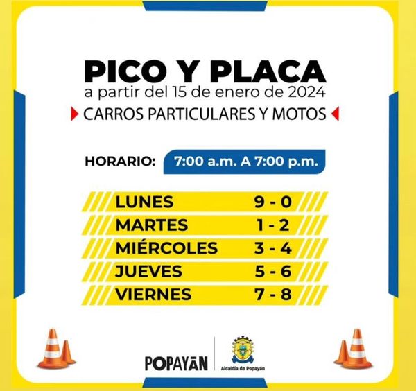 ¡Atención Popayán! Así queda el Pico y Placa para primer semestre del 2024