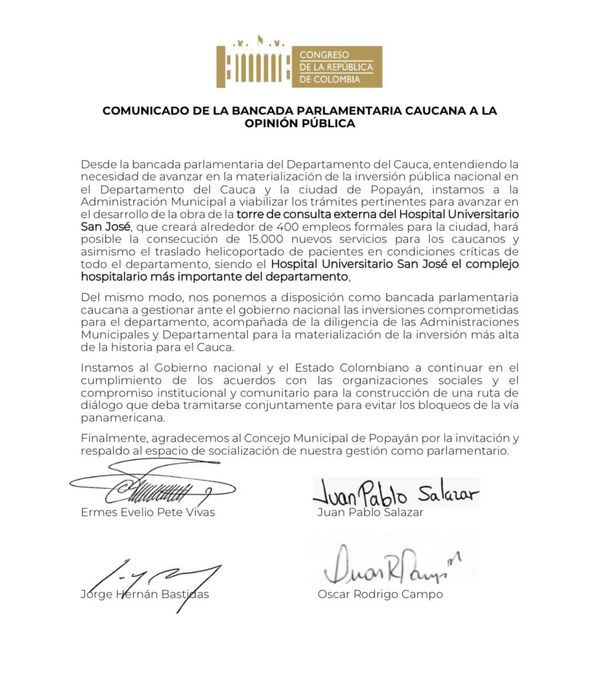 Congresistas del Cauca solicitan a alcalde de Popayán desatrancar millonaria obra
