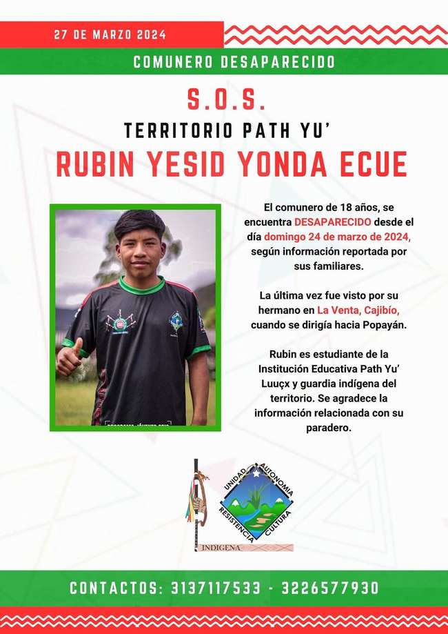 Adelantan la búsqueda del joven comunero Rubin Yesid Conda Ecué