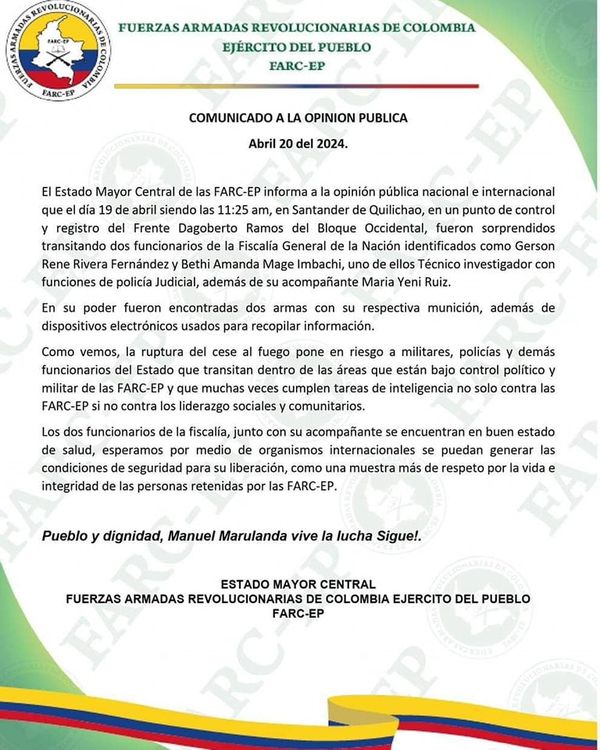Grupo armado ilegal FARC-EP reconoce retención de funcionarios de la Fiscalía