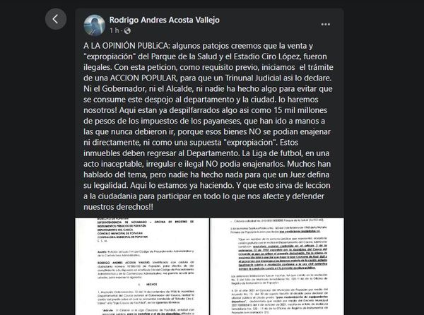 Rodrigo Acosta Vallejo inicia acción popular contra presunta venta irregular del Ciro López y el Parque de la Salud