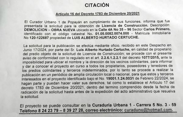 Solicitud de Licencia Urbanística de Construcción para el predio, ubicado en la calle 4A No 35-96 sector Carlos Primero, propiedad de Luis Alberto Hurtado Certuche
